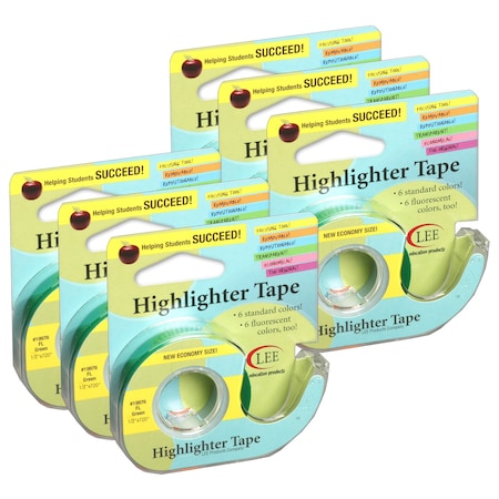 Lee Products Removable Highlighter Tape, Fluorescent Green, PK6 19976